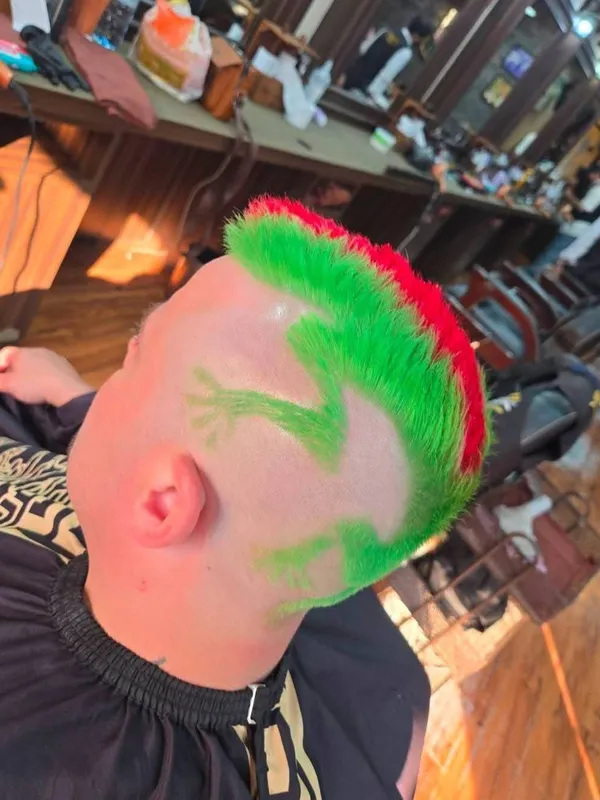 Green and red mohawk with a coloured design